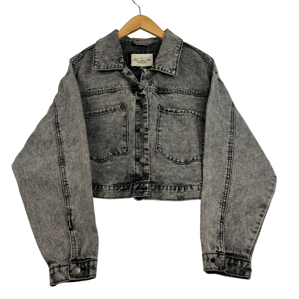 Ashley-Vintage Charm Black Acid Wash Cropped Denim Jacket Small WJKJR1078